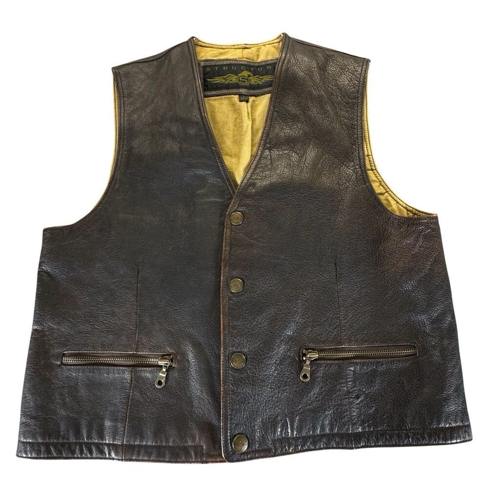 Structure Sz L Mens Leather Vest Brown Distressed Biker Moto Western Gilet